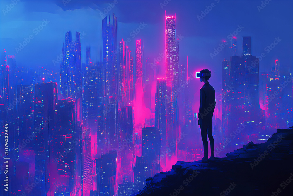 Immersive Cyber Future: Young Man Engaged in Virtual Reality Experience Wearing Futuristic VR Glasses Reflecting Neon Cityscape Lights, Perfect for Technology, Gaming, and Cyberpunk-Themed Concepts Immersive Cyber Future: Young Man Engaged in Virtual Reality Experience Wearing Futuristic VR Glasses Reflecting Neon Cityscape Lights, Perfect for Technology, Gaming, and Cyberpunk-Themed Concepts