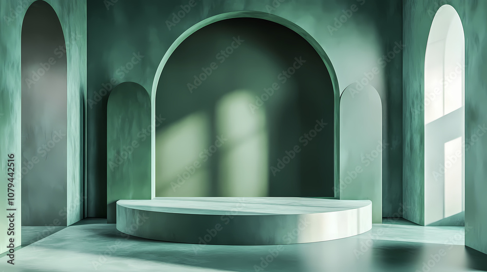 Minimalist 3d studio space with celadon green walls and floor empty product display podium situated under warm. Celadon. Illustration Minimalist 3d studio space with celadon green walls and floor empty product display podium situated under warm. Celadon. Illustration