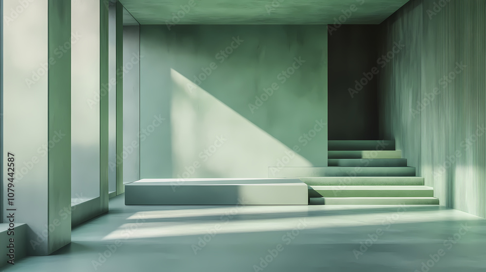 Obraz premium Minimalist 3d studio space with celadon green walls and floor empty product display podium situated under warm. Celadon. Illustration