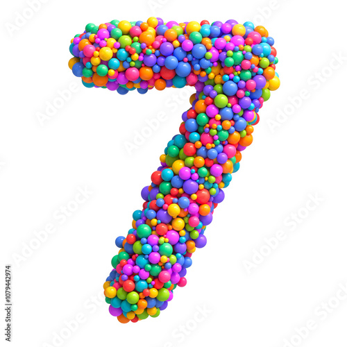 Number 7 made of bright multicolored glossy balls. Digit seven. Ideal for kid's zone, playroom decor, children’s design, festive themes. Rainbow mixed random spheres formed creative font. 3d rendering