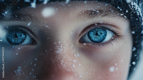 Close-up of a child's eyes surrounded by snow.