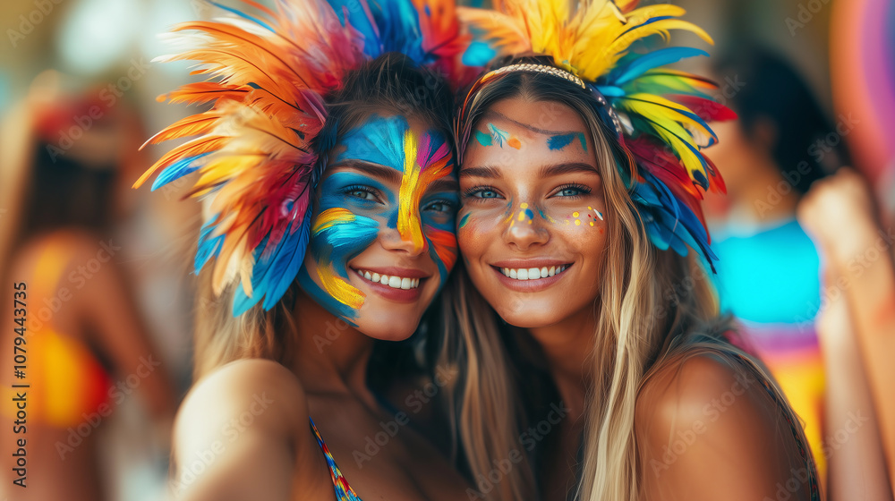 selfie of an LGBT lesbian couple in colorful feather costumes and makeup celebrating at a latin american tribal carnival festival with outdoor music