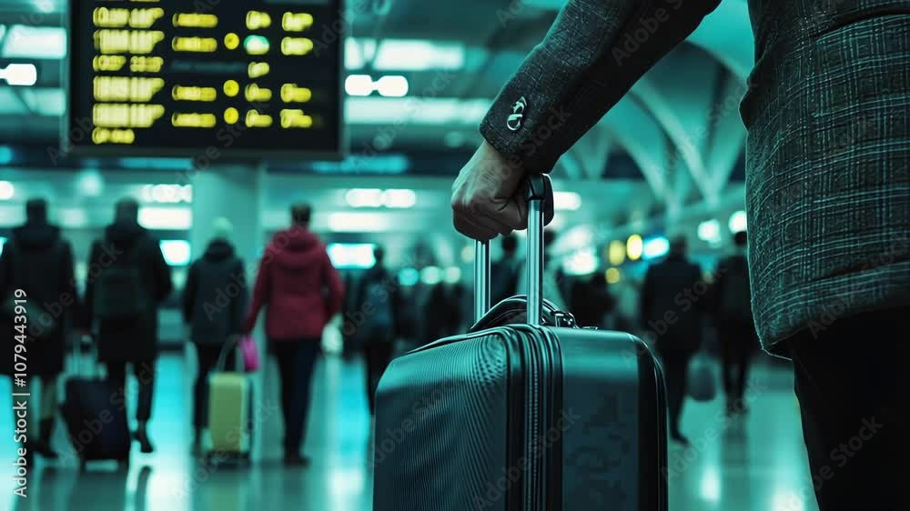 A traveler navigates a busy airport terminal, pulling a suitcase while various passengers move around, highlighting the hustle and bustle of modern air travel