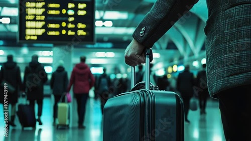 A traveler navigates a busy airport terminal, pulling a suitcase while various passengers move around, highlighting the hustle and bustle of modern air travel
