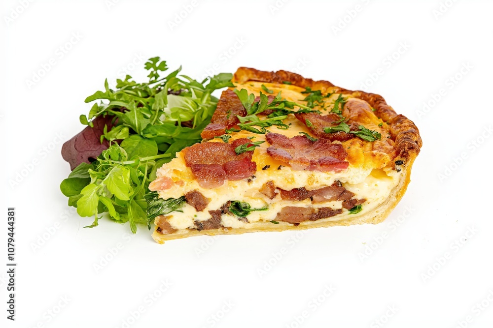 Quiche Lorraine with Salad. Slice of Quiche Lorraine with bacon, cheese, and herbs, served with fresh lettuce and tomato on a white plate. Quiche Lorraine with Salad. Slice of Quiche Lorraine with bacon, cheese, and herbs, served with fresh lettuce and tomato on a white plate.