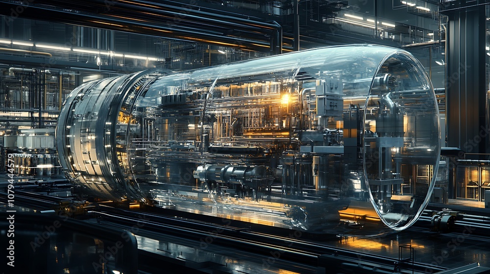 Obraz premium A futuristic transparent structure showcasing intricate machinery and glowing elements, likely for advanced technology.