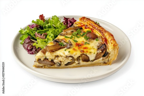 Mushroom Quiche with Salad. Slice of mushroom quiche with golden crust, garnished with fresh leafy salad on a white plate.