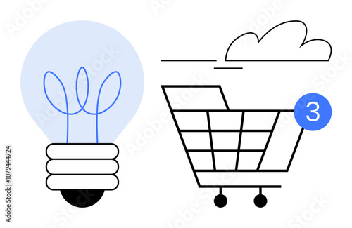 Light bulb representing an idea beside a shopping cart with the number 3 notification and a cloud. Ideal for online shopping, e-commerce, innovation, retail marketing, product launch, digital