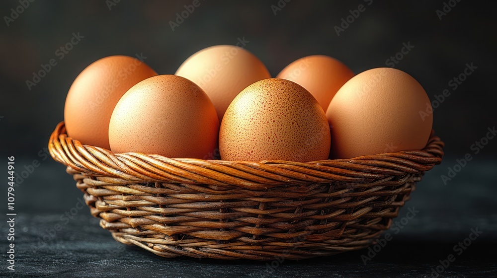 Six brown eggs in a woven basket on a dark background. Six brown eggs in a woven basket on a dark background.