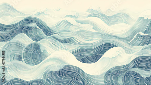 Panoramic view of a digital wave pattern represented in soothing, pastel celadon hues. Celadon. Illustration