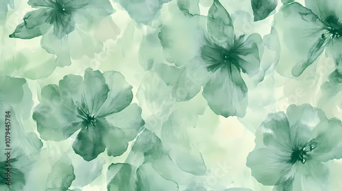 Fototapeta Naklejka Na Ścianę i Meble -  Seamless floral pattern with abstract leaves and flowers. allover watercolor background. Celadon. Illustration