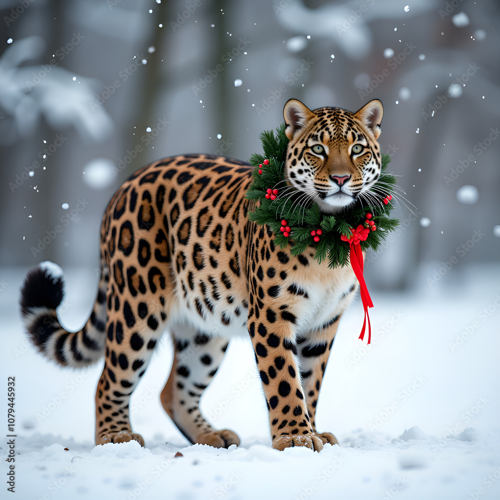 Majestic leopard in a snowy wonderland wearing a festive wreath surrounded by gentle falling snowflakes, photorealistic of wildlife portrait concept. Majestic leopard in a snowy wonderland wearing a festive wreath surrounded by gentle falling snowflakes, photorealistic of wildlife portrait concept.