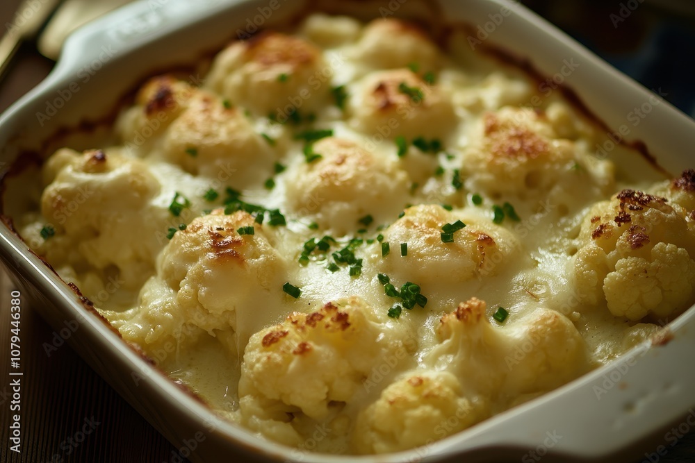 A close-up shot of a cheesy cauliflower bake. This photo can be used to illustrate a recipe for a hearty, creamy, and flavorful side dish or main course. A close-up shot of a cheesy cauliflower bake. This photo can be used to illustrate a recipe for a hearty, creamy, and flavorful side dish or main course.