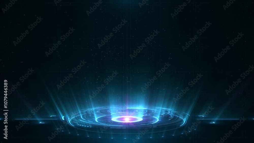 Blue holographic advanced HUD circle platform. Copy space for any message. Futuristic digital technology animated background concept.	
