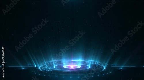 Blue holographic advanced HUD circle platform. Copy space for any message. Futuristic digital technology animated background concept.	
