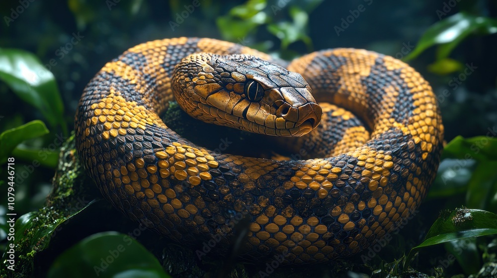 A close-up of a vibrant, coiled snake among lush foliage. A close-up of a vibrant, coiled snake among lush foliage.