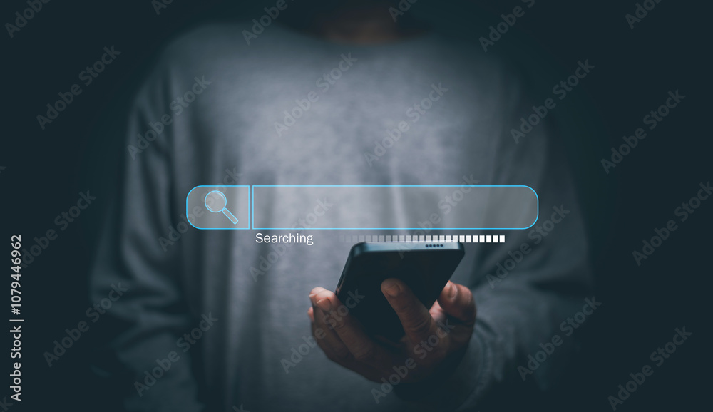 Fototapeta premium Search Engine Optimization concept, Businessman using a smartphone to be searching for online information, Smart data search technology, Using Search Console for ​your website, SEO.