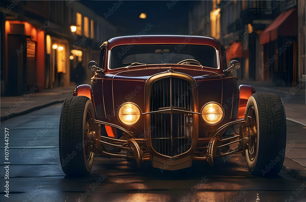 Beautiful unique vintage hot rod car parked in the street , automotive background, tuning template, auto transport