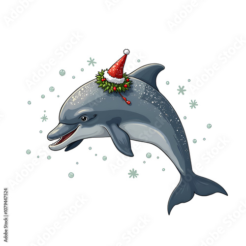 Christmas dolphin in a santa hat surrounded by snowflakes and holiday cheer, digital illustration of whimsical character design concept. photo