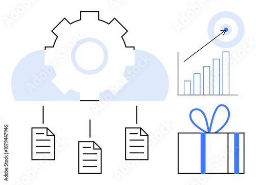 Gear over cloud icon distributing documents, bar chart with target, wrapped gift. Ideal for cloud services, data management, analytics, productivity, organization marketing goal setting. Line