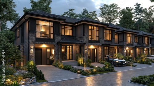 Modern townhouses with landscaped gardens in evening light.