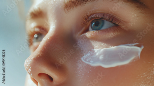 Cream smear. Close up portrait of young woman with healthy glowing skin applying cream or skin care product. photo