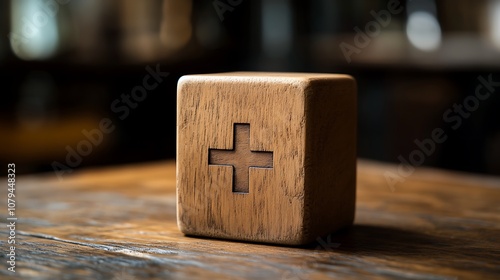 Concept health insurance represented by a wooden block with a healthcare icon.