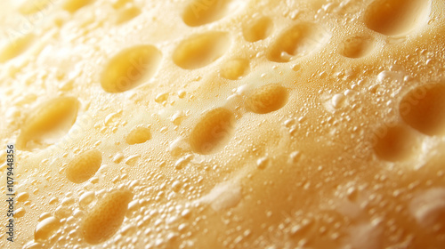 Texture of cheese with large holes close-up. Detailed photo of cheese surface in macro. photo