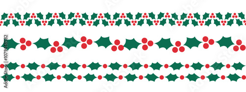 holly berry border set, Christmas horizontal decorative design elements, vector dividers