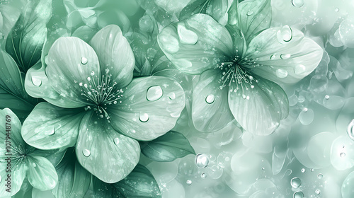 Seamless pattern with celadon green flower and water drops on blurred background. generative ai. Celadon. Illustration