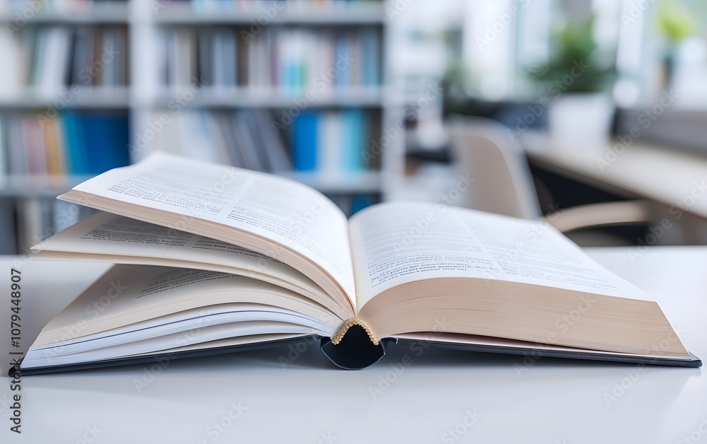 An open book on a table with a blurred background of shelves and plants. An open book on a table with a blurred background of shelves and plants.