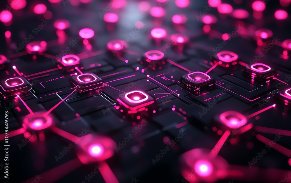 3D rendering of node system software, pink node buttons on dark tech interface with glowing light spots and world map contour, advanced digital network concept 3D rendering of node system software, pink node buttons on dark tech interface with glowing light spots and world map contour, advanced digital network concept