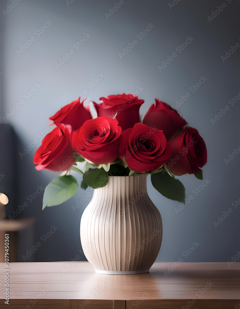 Fresh Red Rose flowers in a simple vase on a table with a minimalist background Fresh Red Rose flowers in a simple vase on a table with a minimalist background