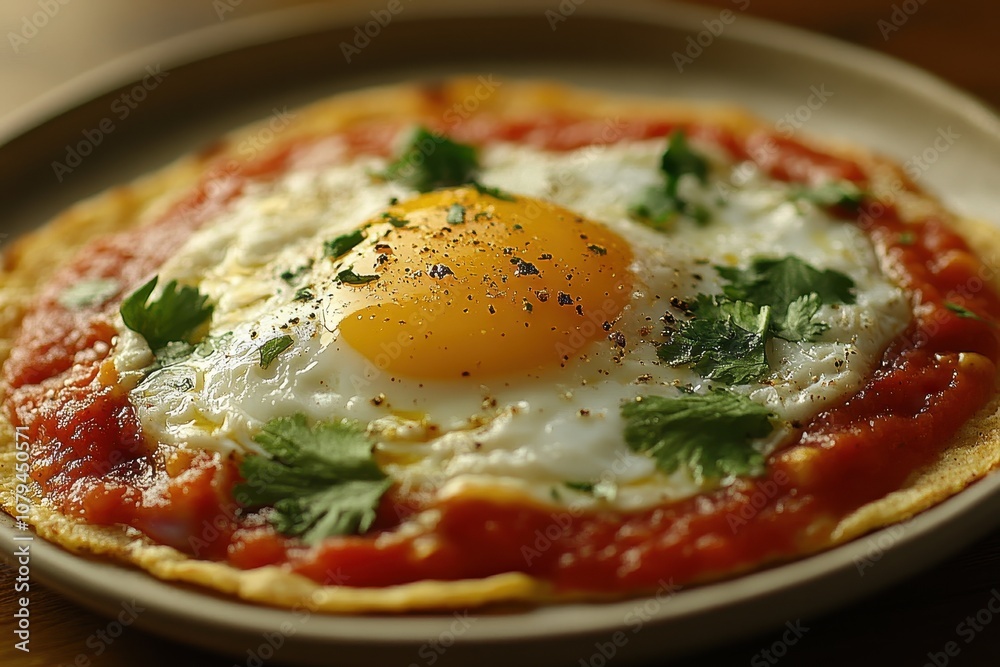 Fried egg on a tortilla with salsa. Perfect for a breakfast or brunch menu. Fried egg on a tortilla with salsa. Perfect for a breakfast or brunch menu.