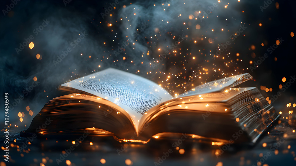 Obraz premium Enchanted Book: Illuminated Pages Radiate Magical Light and Mystical Dust, Evoking Fantasy and Wonder.