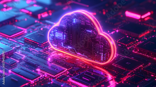 Neon Cloud Computing: 3D Digital Illustration of a glowing cloud symbol on a circuit board, representing data storage and processing in the cloud.