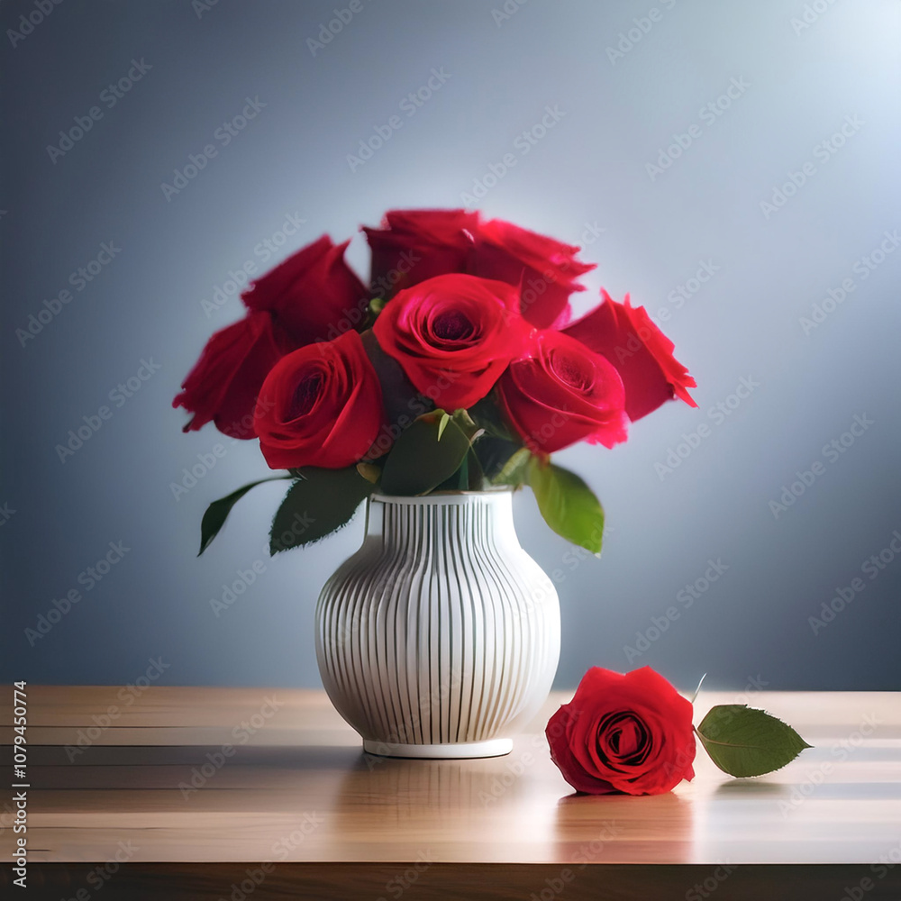 Fresh Red Rose flowers in a simple vase on a table with a minimalist background Fresh Red Rose flowers in a simple vase on a table with a minimalist background