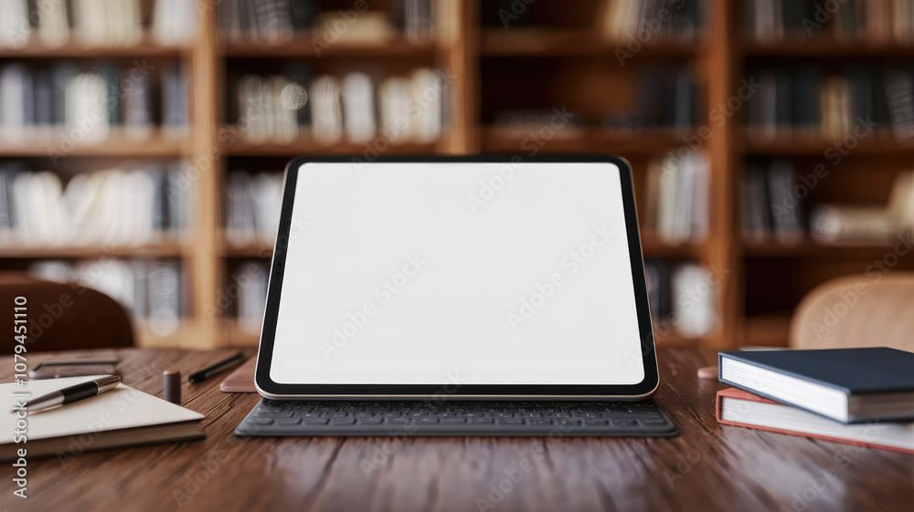 A tablet is sitting on a table in front of a bookshelf. The tablet is open to a blank screen, and the bookshelf is filled with books of various sizes and colors. Concept of productivity and learning A tablet is sitting on a table in front of a bookshelf. The tablet is open to a blank screen, and the bookshelf is filled with books of various sizes and colors. Concept of productivity and learning