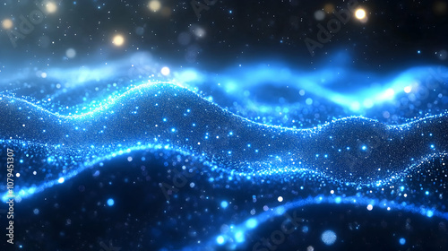 Abstract 3D Blue Particle Wave Background: Glowing, Sparkling, Dynamic Digital Art Illustration