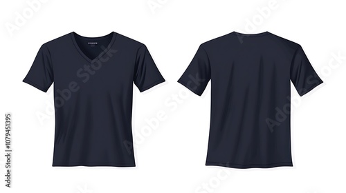 A simple navy blue V-neck t-shirt displayed from the front and back views. photo