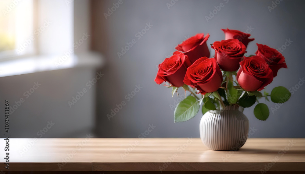 Fresh Red Rose flowers in a simple vase on a table with a minimalist background Fresh Red Rose flowers in a simple vase on a table with a minimalist background