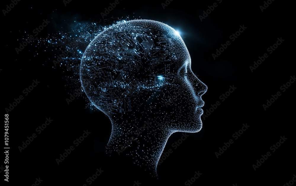 Futuristic AI and education theme, 3D rendering of digital blue human head silhouette with microcircuit details, dark background, advanced learning technology concept Futuristic AI and education theme, 3D rendering of digital blue human head silhouette with microcircuit details, dark background, advanced learning technology concept