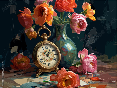 Vintage Inspired Still Life with Antique Mantel Clock Ceramic Vase and Romantic Colorful Flowers photo