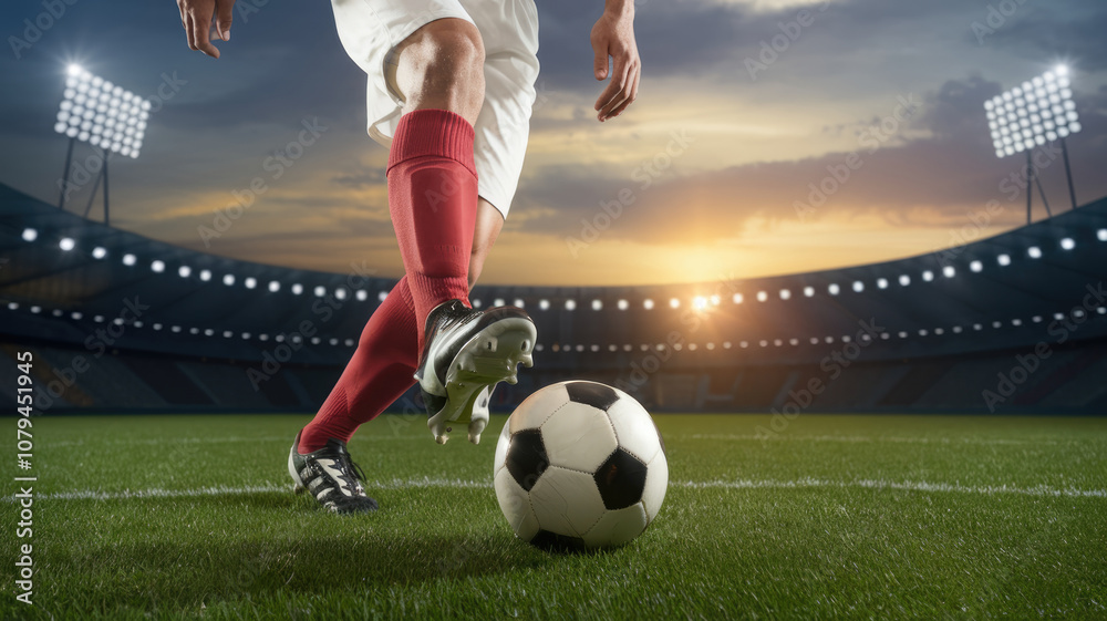 Fototapeta premium A soccer player kicks a ball on a field. The sky is cloudy and the sun is setting