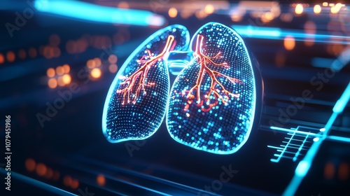 Floating 3D hologram lungs with digital vitals display, detailed texture, neon blue gridlines in a high-tech medical scene photo