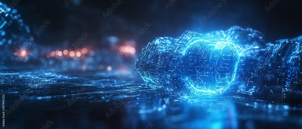 Fototapeta premium Information confidentiality and cyber data protection, 3D rendering of blue padlock, glowing geometric shapes, dark abstract background, hightech visuals