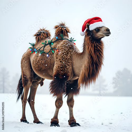 A cheerful camel dressed for winter with a santa hat and christmas lights in a snowy landscape, photography of holiday spirit concept.