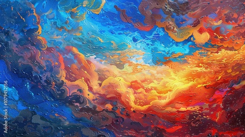 Abstract Painting with Blue, Red, and Orange Swirls photo