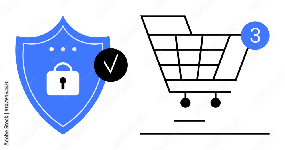 Shield with a lock symbol for security and checkmark icon beside a shopping cart with number 3 inside a blue circle. Ideal for online security, e-commerce, technology, digital transactions, customer Shield with a lock symbol for security and checkmark icon beside a shopping cart with number 3 inside a blue circle. Ideal for online security, e-commerce, technology, digital transactions, customer