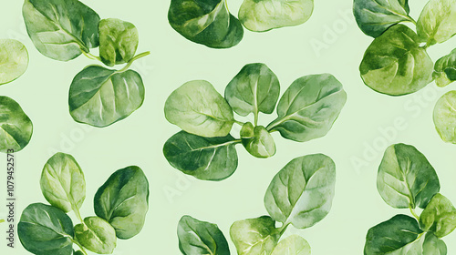 Watercolor watercress on vintage celadon background, seamless repeating pattern, minimal pattern, high contrasty. Celadon. Illustration